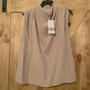 ZARA PLEATED HIGH COLLAR TOP IN TAUPE